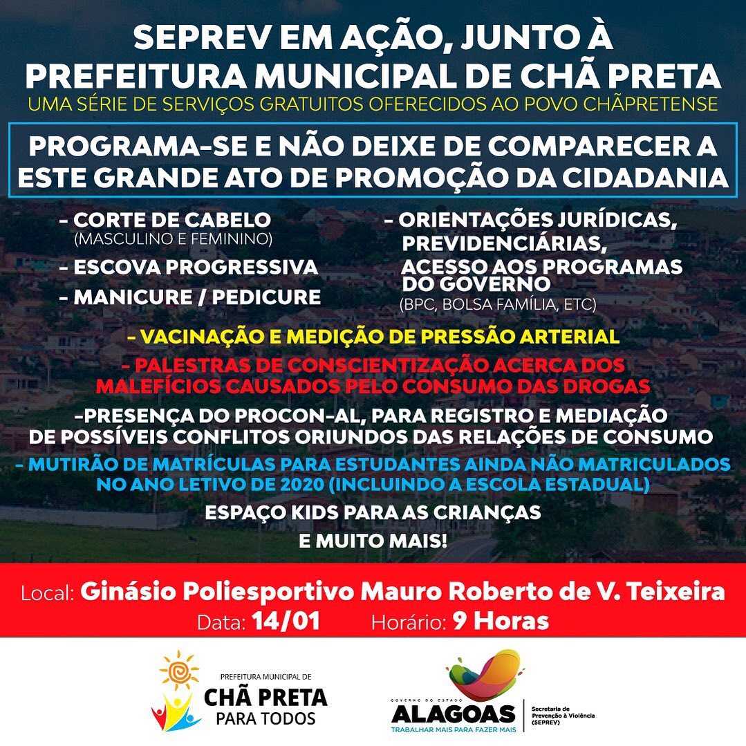 Chã Preta/AL em parceria com o Estado promove nesta terça um grande dia de cidadania