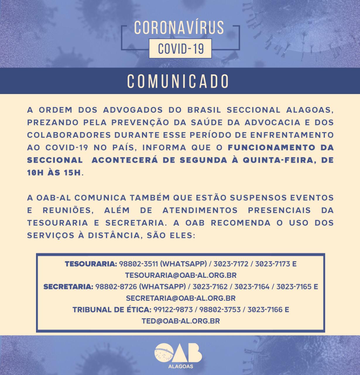 OAB-AL: Cronograma diferenciado de funcionamento em razão do Covid-19