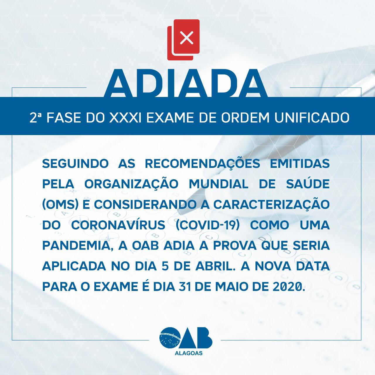 ADIADA! - OAB remarca prova nacional por prevenção ao COVID-19
