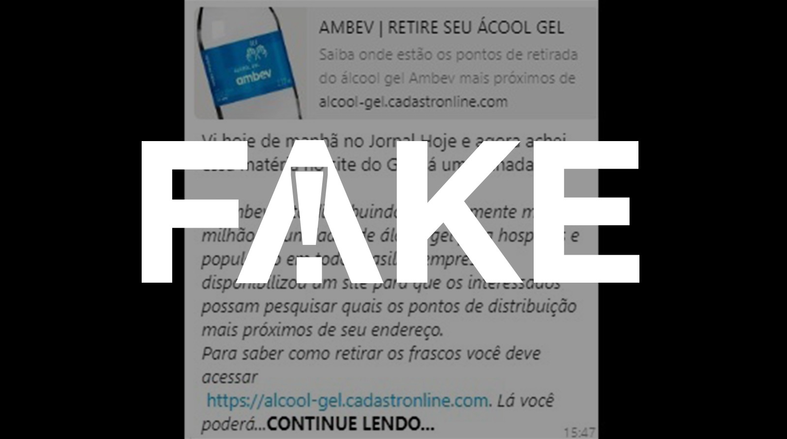 GOLPE! – Site e mensagem de whatsapp informando distribuição de álcool gel é fake