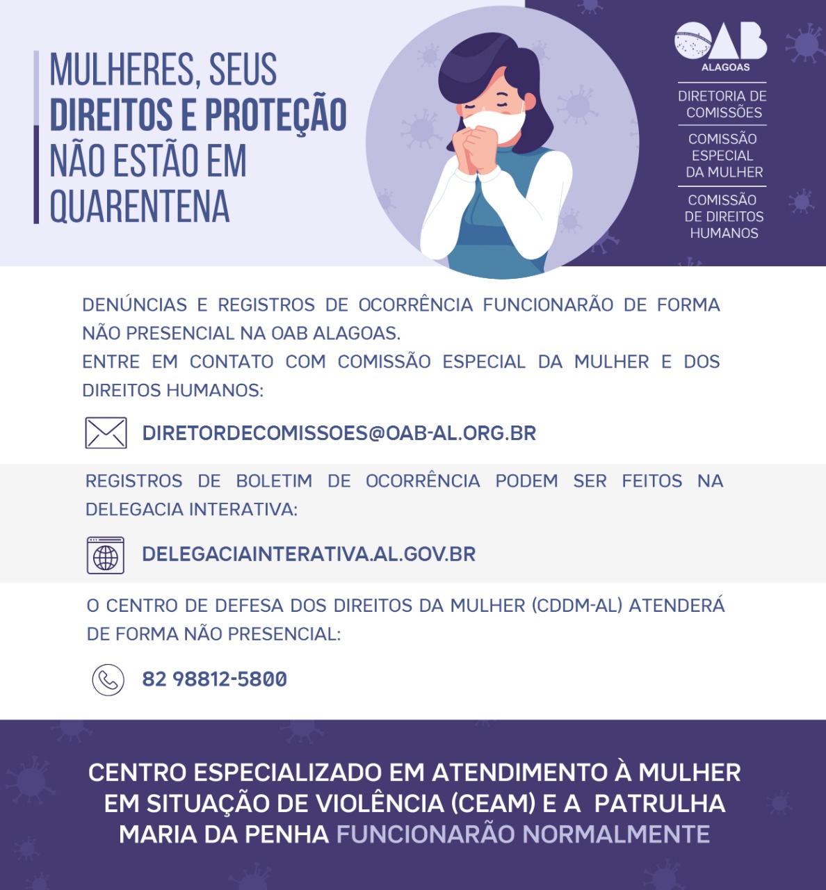 COVID-19: Órgãos de defesa da mulher continuam ativos para registrar denúncias por ferramentas não-presenciais