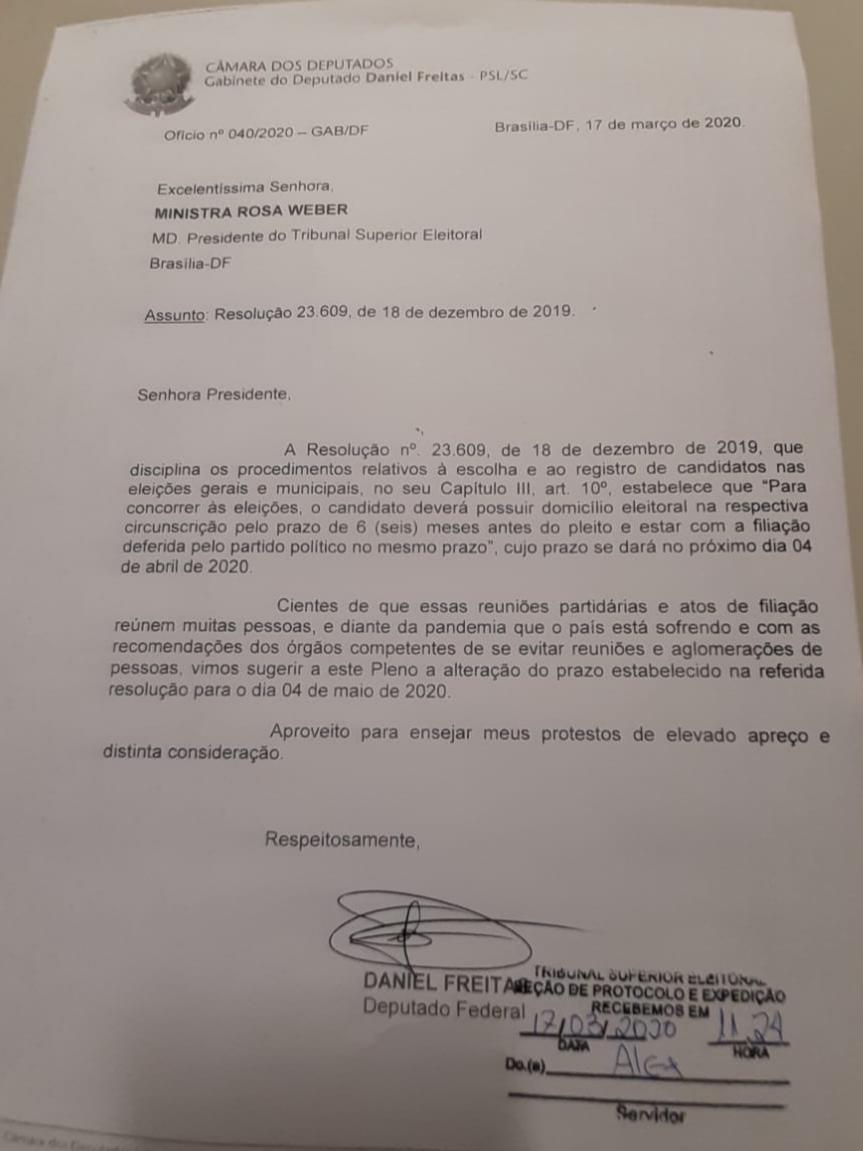 ELEIÇÕES – Deputado Daniel Freitas sugere ao TSE prorrogação do prazo de filiação partidária