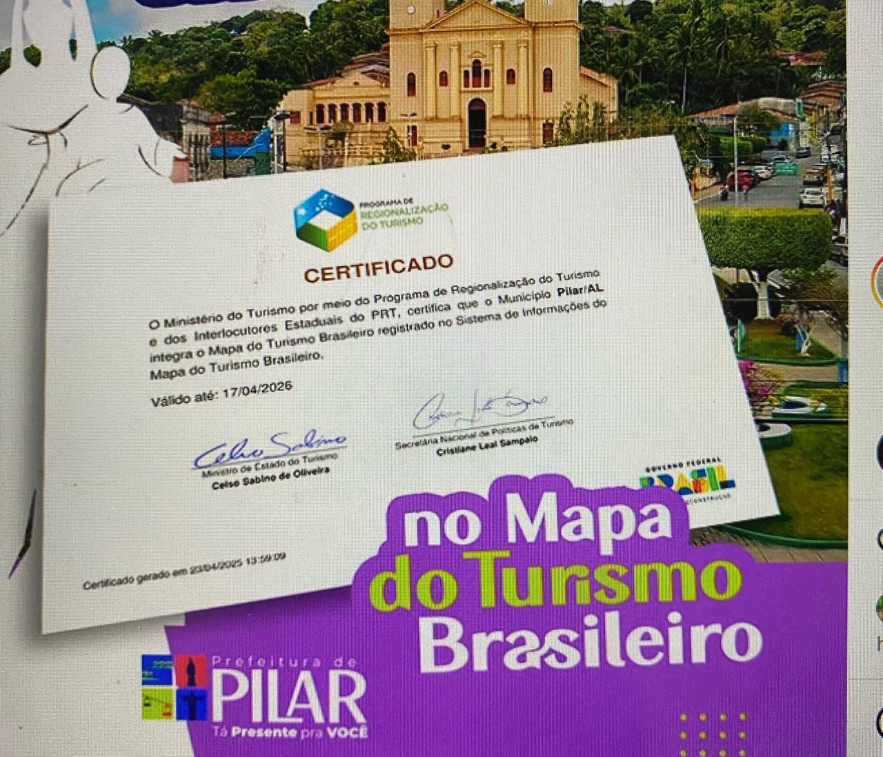 Pilar comemora ação do Ministério do Turismo que lhe credencia mais uma vez  no Mapa do Turismo Nacional